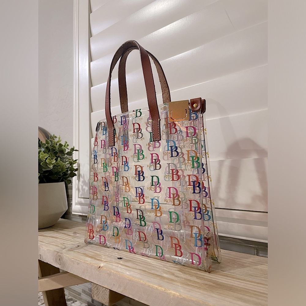 RARE ‘75 Dooney & Bourke Vintage It Lunch Tote. Clear with rainbow DB monogram